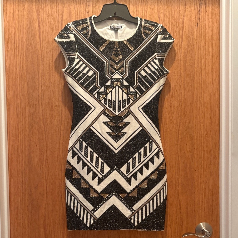Express Black, White, and Gold Mini Dress